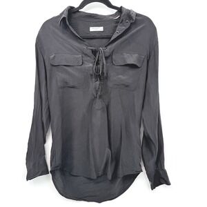 Equipment Femme Silk Lace Up Blouse Womens S Black Long Sleeve Pocket Minimalist